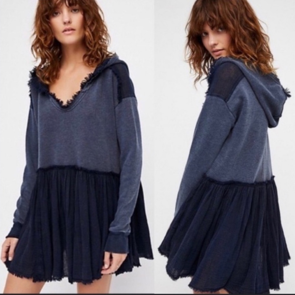 Free People Navy Blue Frayed Hem Hoodie